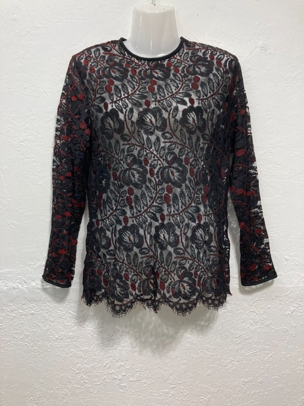 Vintage Citi Lace Sheer Top Fairy Grunge 90s Y2K Long Sleeve Black Red Floral 8